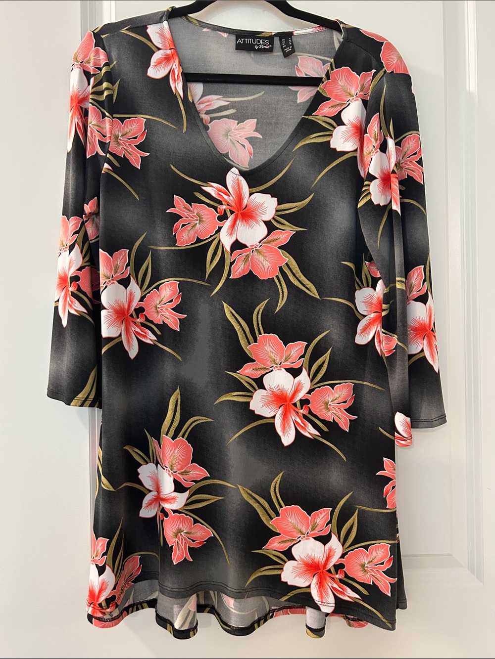 Attitudes by Renee Black Tunic Top with Pink Floral Print